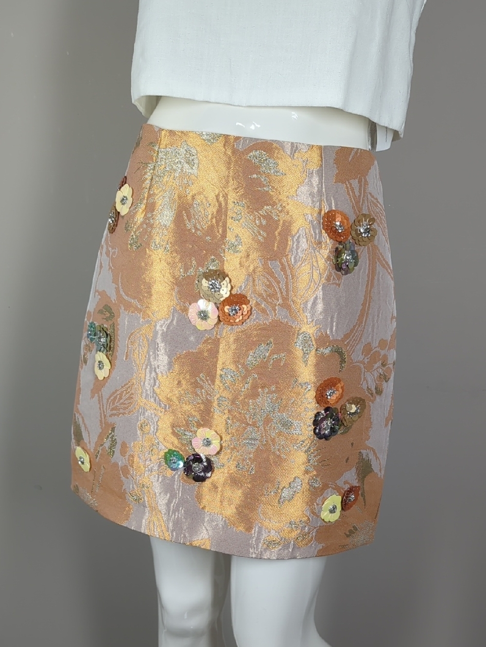 River Island Gold and Pink Floral Sequin Mini Skirt